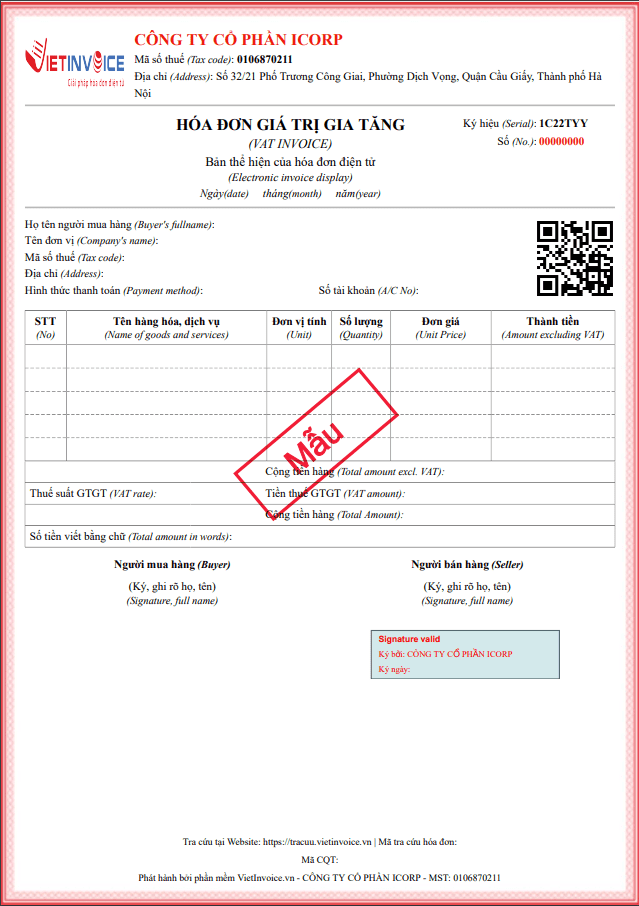 mẫu hóa đơn điện tử VietInvoice thông tư 78