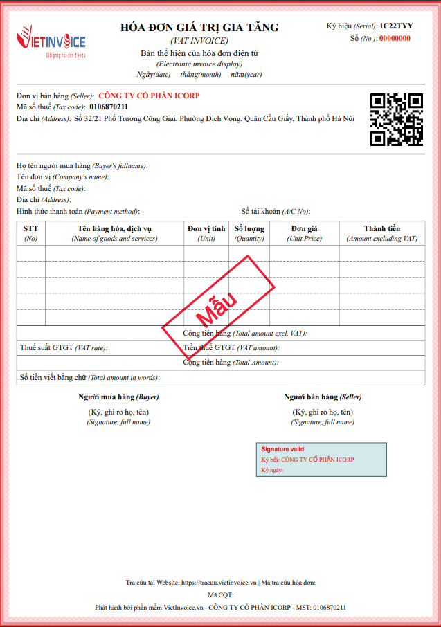 mẫu hóa đơn điện tử VietInvoice thông tư 78