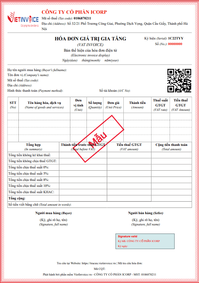 mẫu hóa đơn điện tử VietInvoice thông tư 78