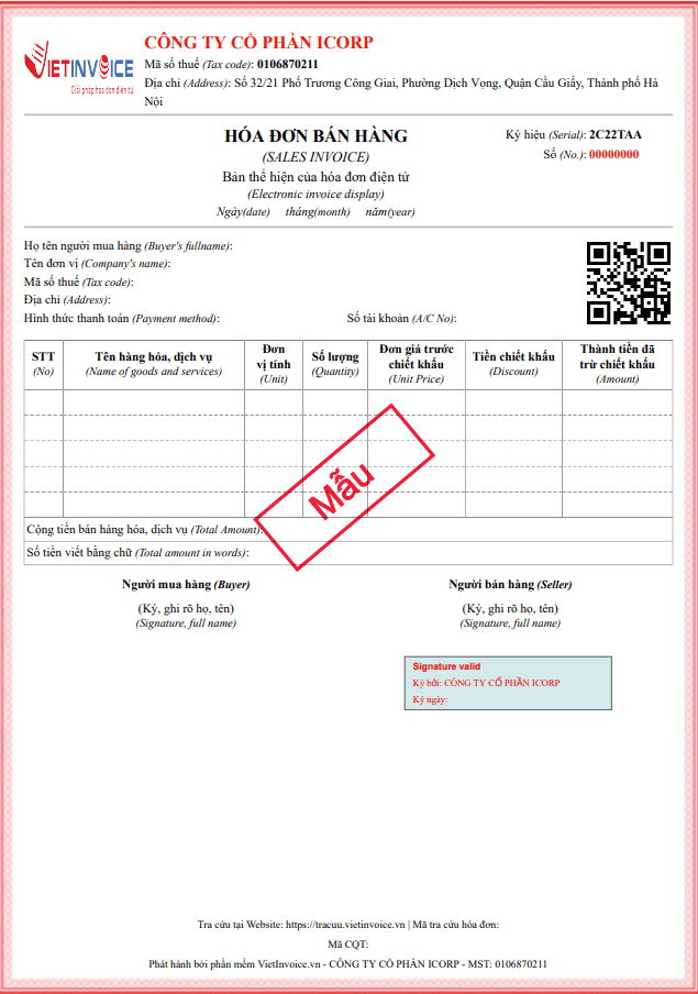 mẫu hóa đơn điện tử VietInvoice thông tư 78