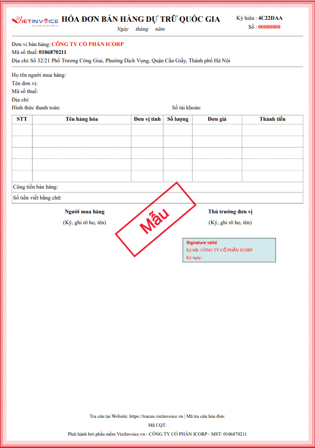 mẫu hóa đơn điện tử VietInvoice thông tư 78