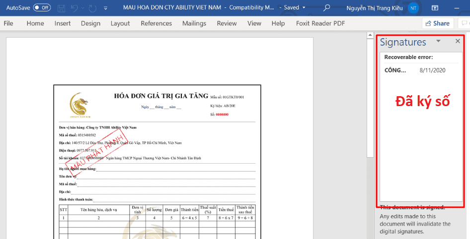 Cách ký điện tử trên Word bằng chữ ký số I-CA