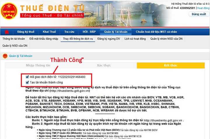 Đăng ký tài khoản ngân hàng doanh nghiệp trên Thuế Điện Tử
