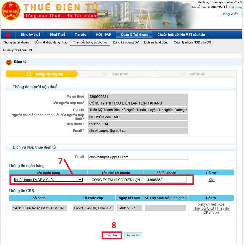 Đăng ký tài khoản ngân hàng doanh nghiệp trên Thuế Điện Tử