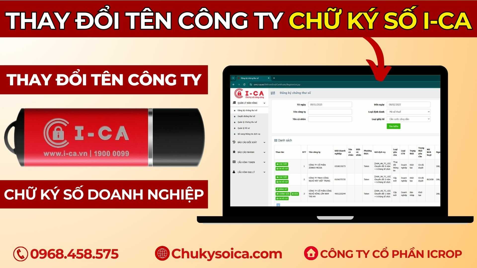 Thay đổi TÊN CÔNG TY trên chữ ký số I-CA