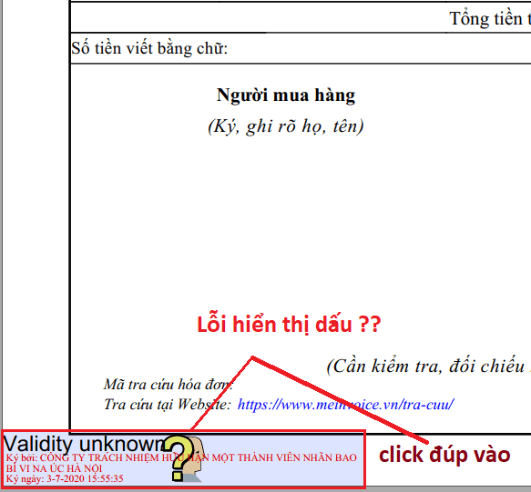 lỗi ký PDF chữ ký số hiện dấu Hỏi chấm màu vàng