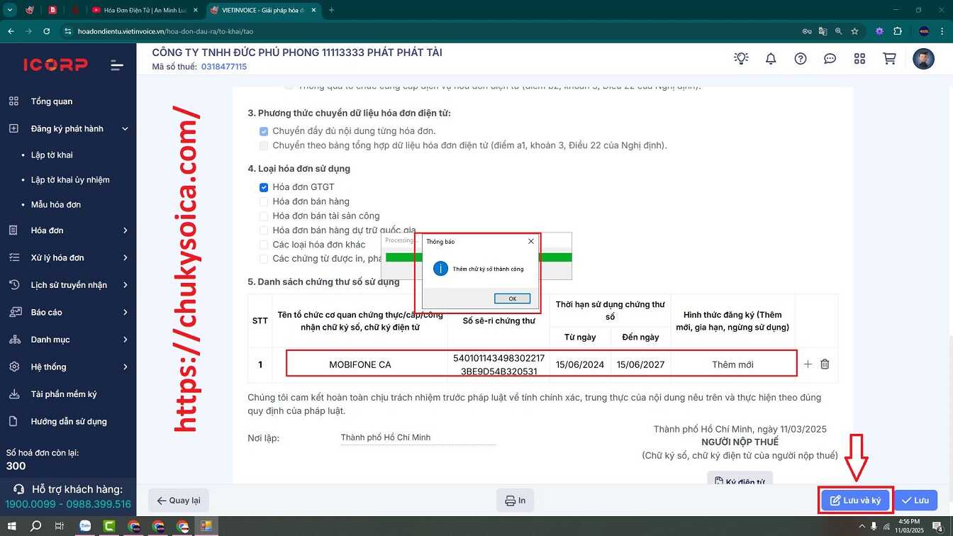 thông báo phát hành hóa đơn điện tử Vietinvoice lên Thuế