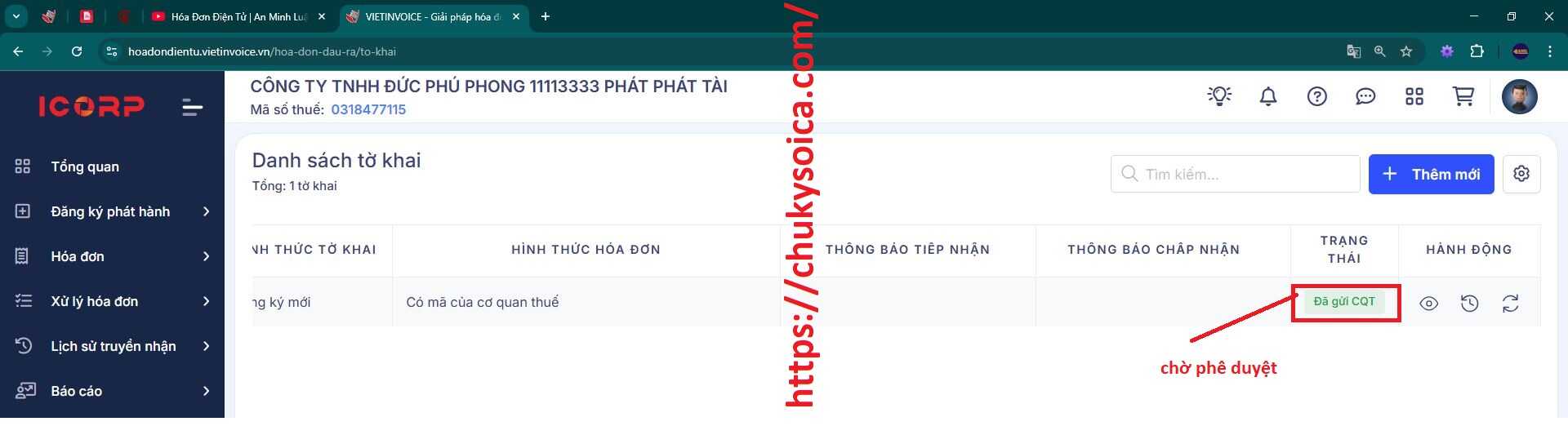 thông báo phát hành hóa đơn điện tử Vietinvoice lên Thuế