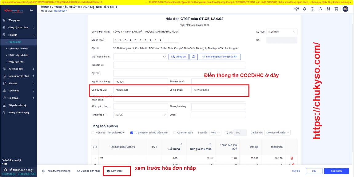 Thêm số CCCD người mua hàng trên mẫu hóa đơn VietInvoice