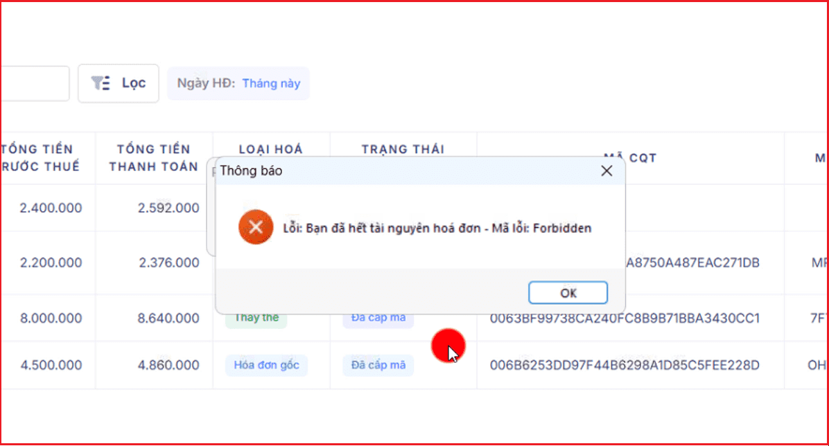 Lỗi Bạn đã hết tài nguyên hóa đơn - Mã lỗi Forbidden